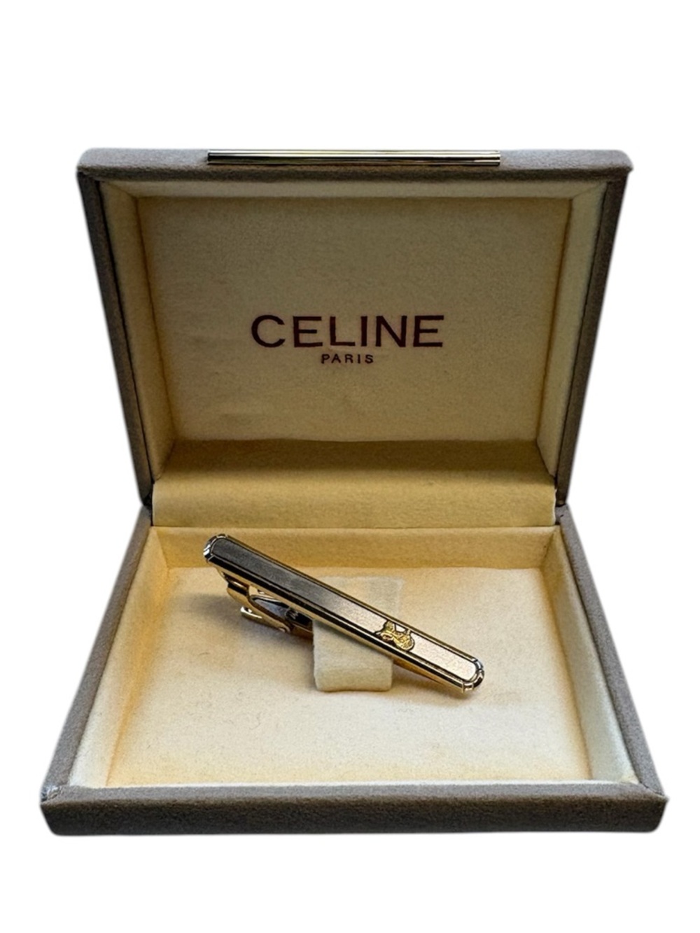 Celine vintage tie clip (silver and gold) horse and carriage design w Celine box